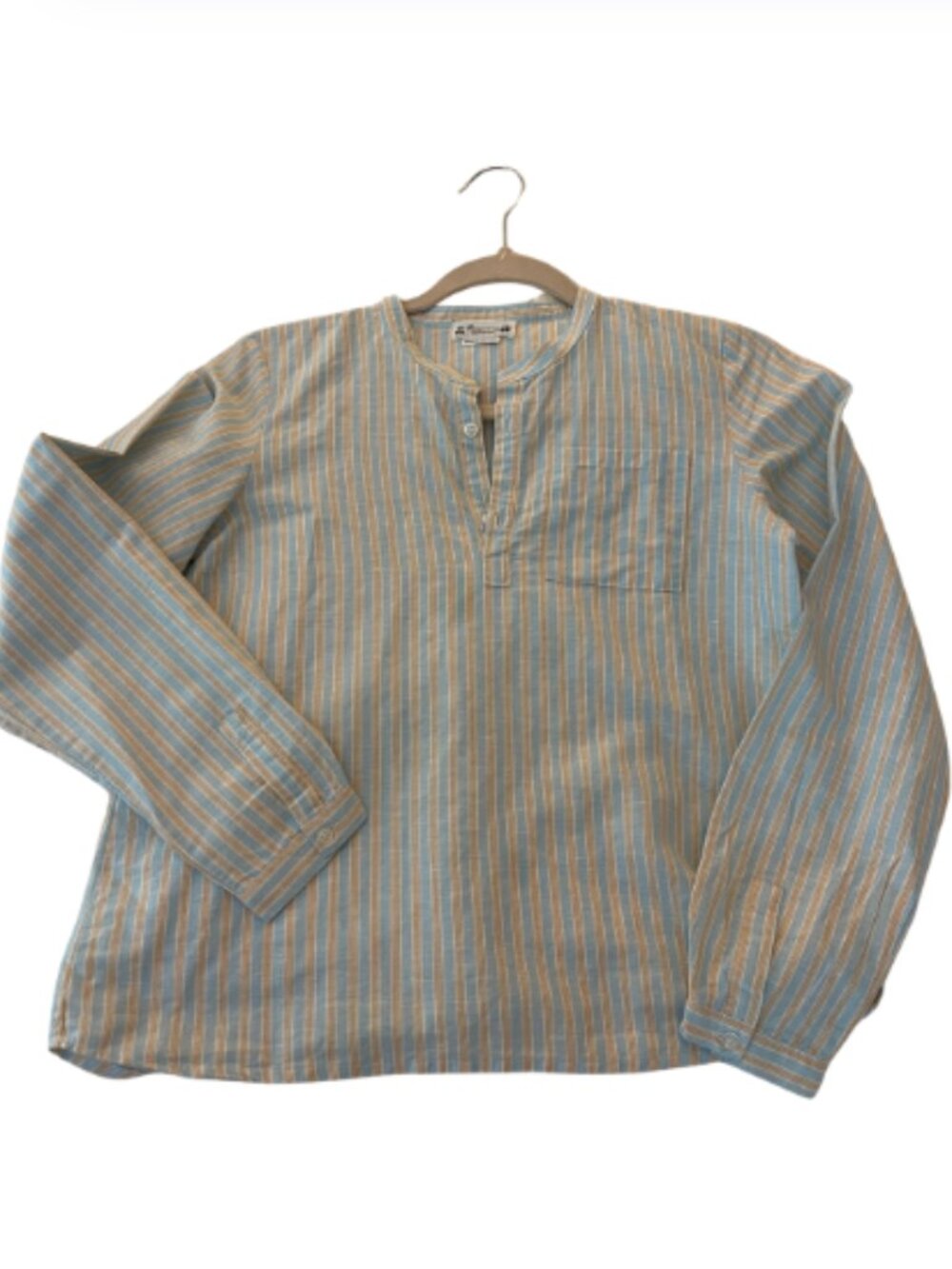 Bonpoint Boys Striped Band Collar Shirt Blue Tan Size 12Y